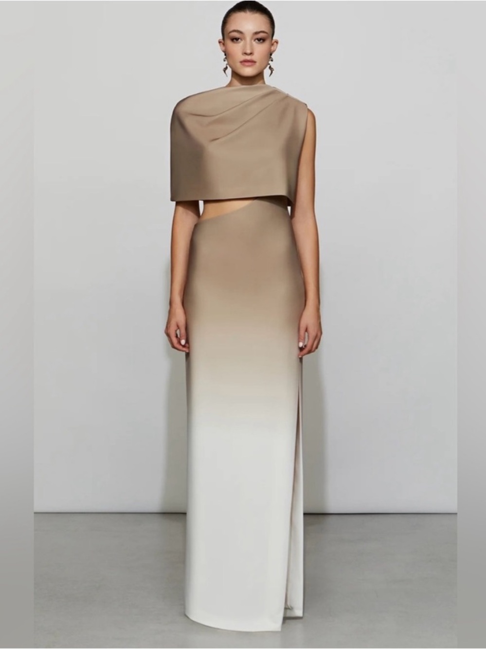Et Ochs Tan Beige Ombre Maxi Dress with cutout and high slit and caplet Size 6 - Picture 4 of 4